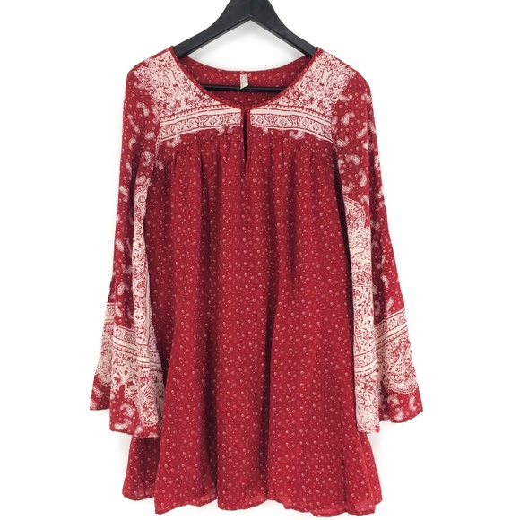 FREE PEOPLE Red Paisley Bell Sleeve Tunic Dress - Picture 1 of 8